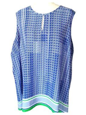 Violet + Claire Womens 3X Blue Sleeveless Blouse W/Geometric Print & Striped Hem